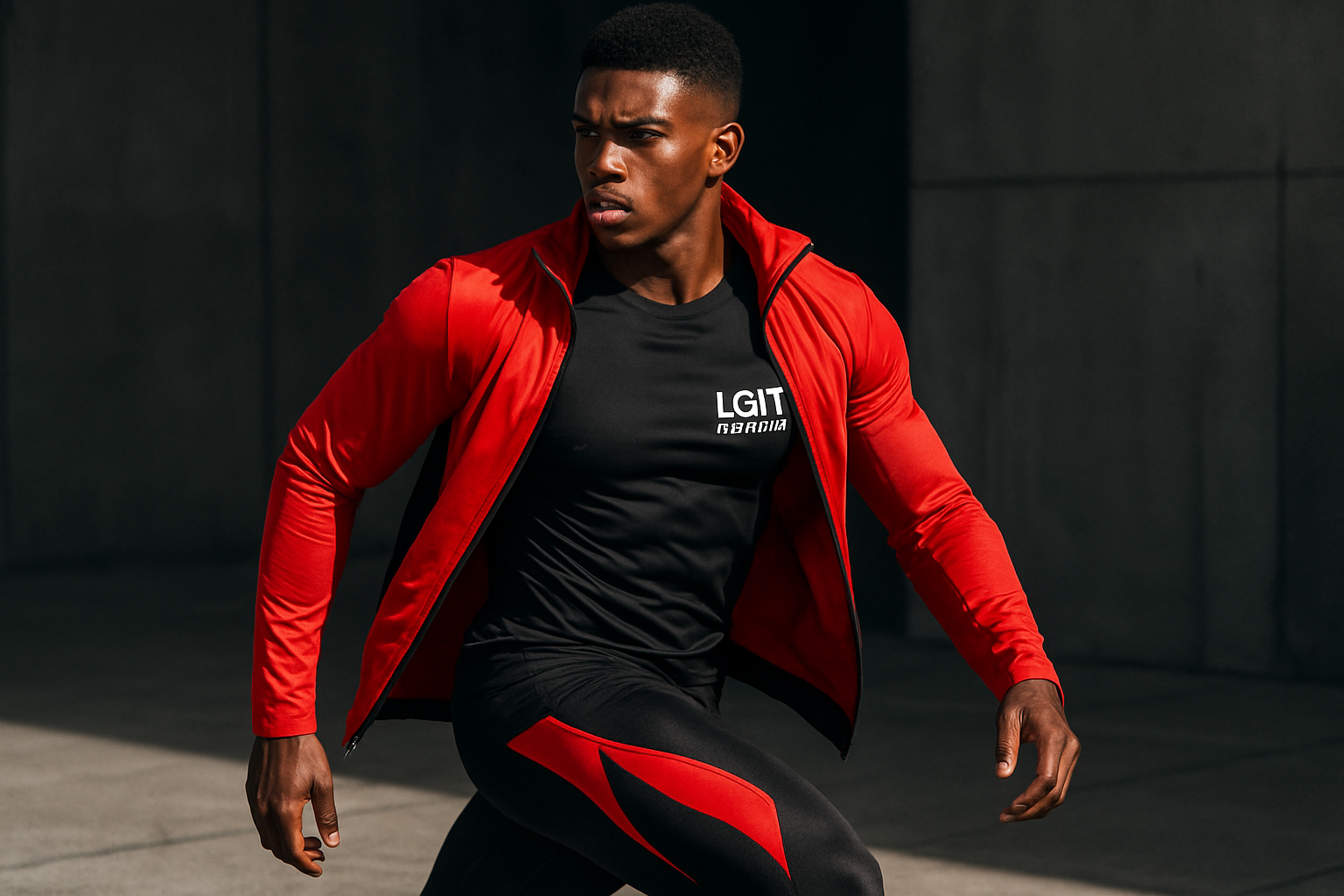 A fit young Black male model showcasing LGit Fit Apparel's sleek fitness wear with streetwear influences in a confident pose that highlights both the stylish athletic clothing and his physique