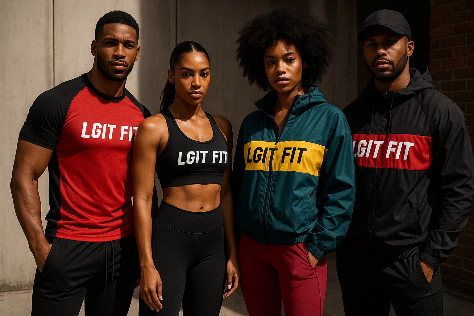 African American models showcasing LGit Fit Apparel's fitness-meets-streetwear clothing in an urban setting, wearing stylish athletic wear with street fashion elements